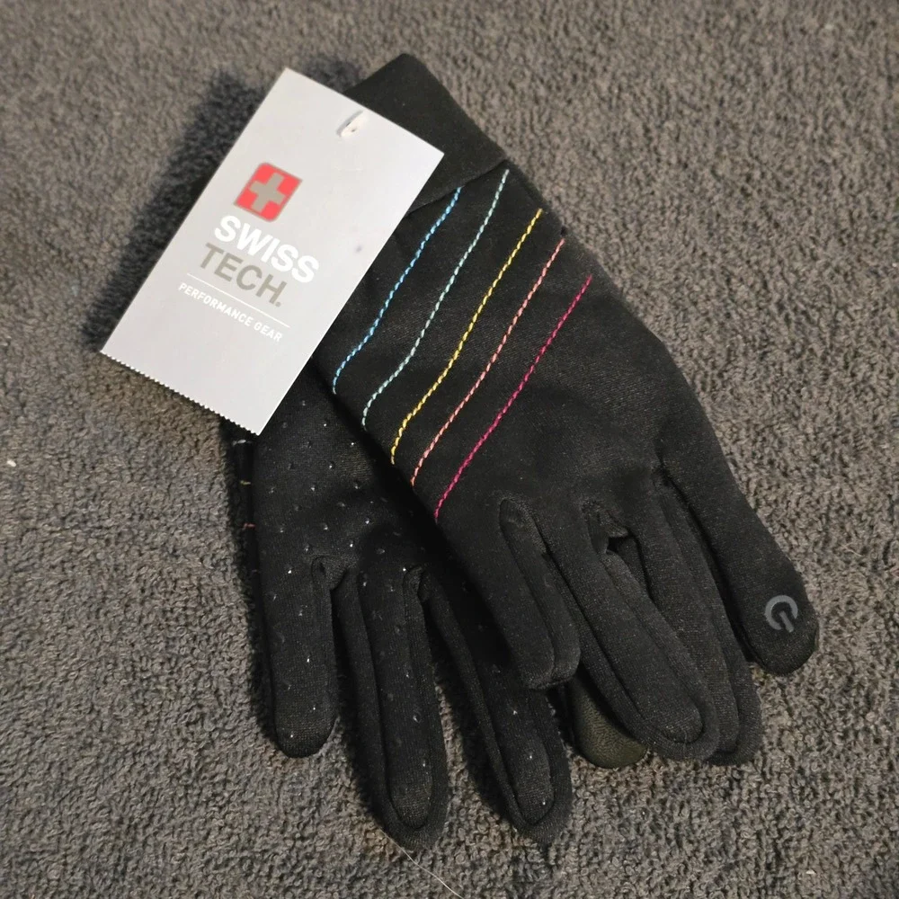 Swiss Tech Performance Ski Gloves Kids L-XL Black Rainbow Touchscreen Grip NWT